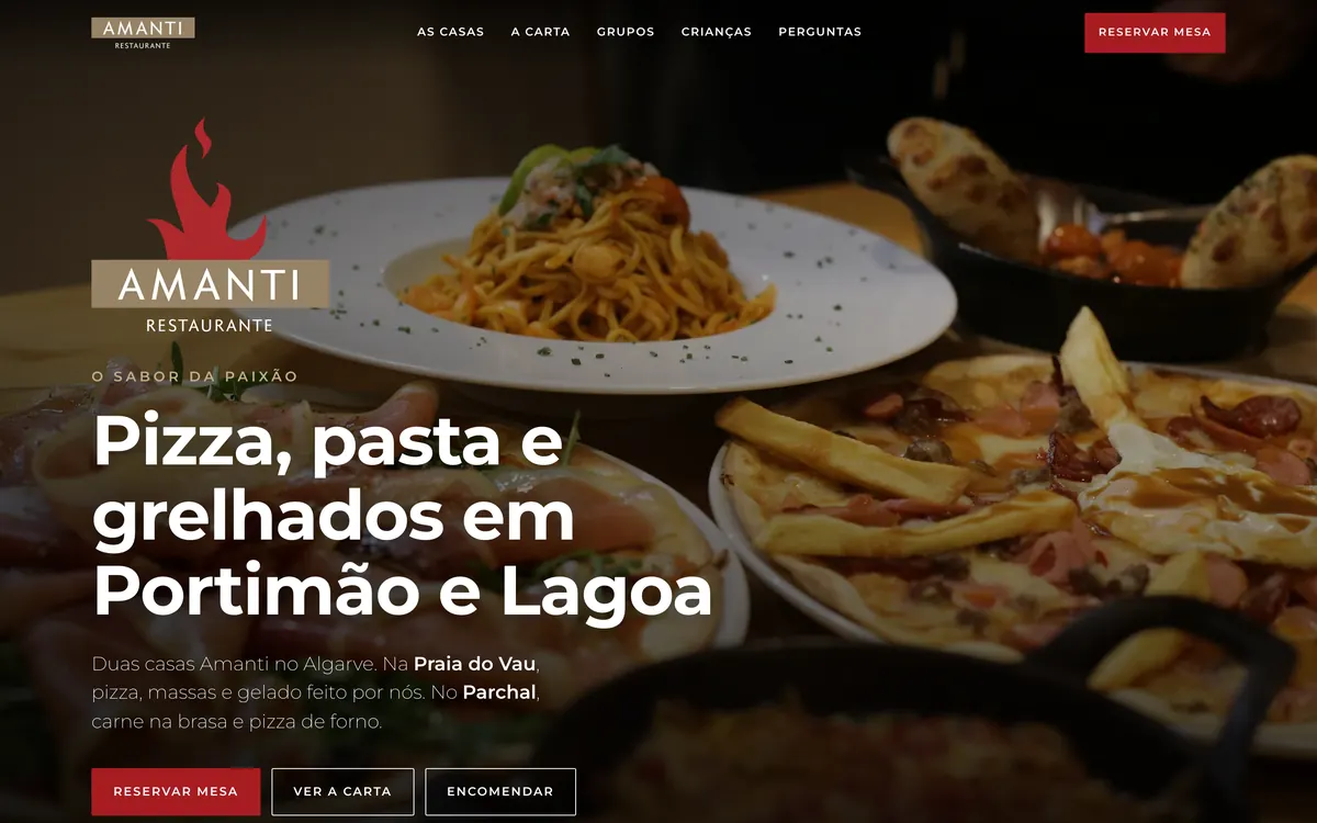 Página inicial do site do Amanti num computador.